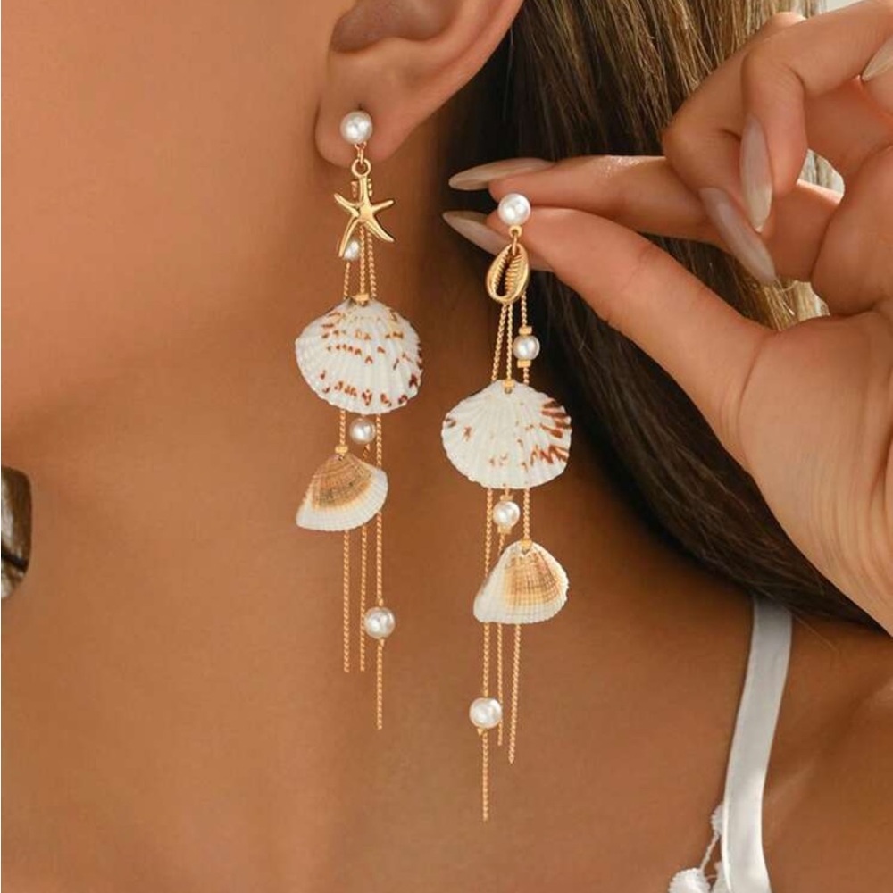 Elegant Gold and White Shell Dangle Earrings